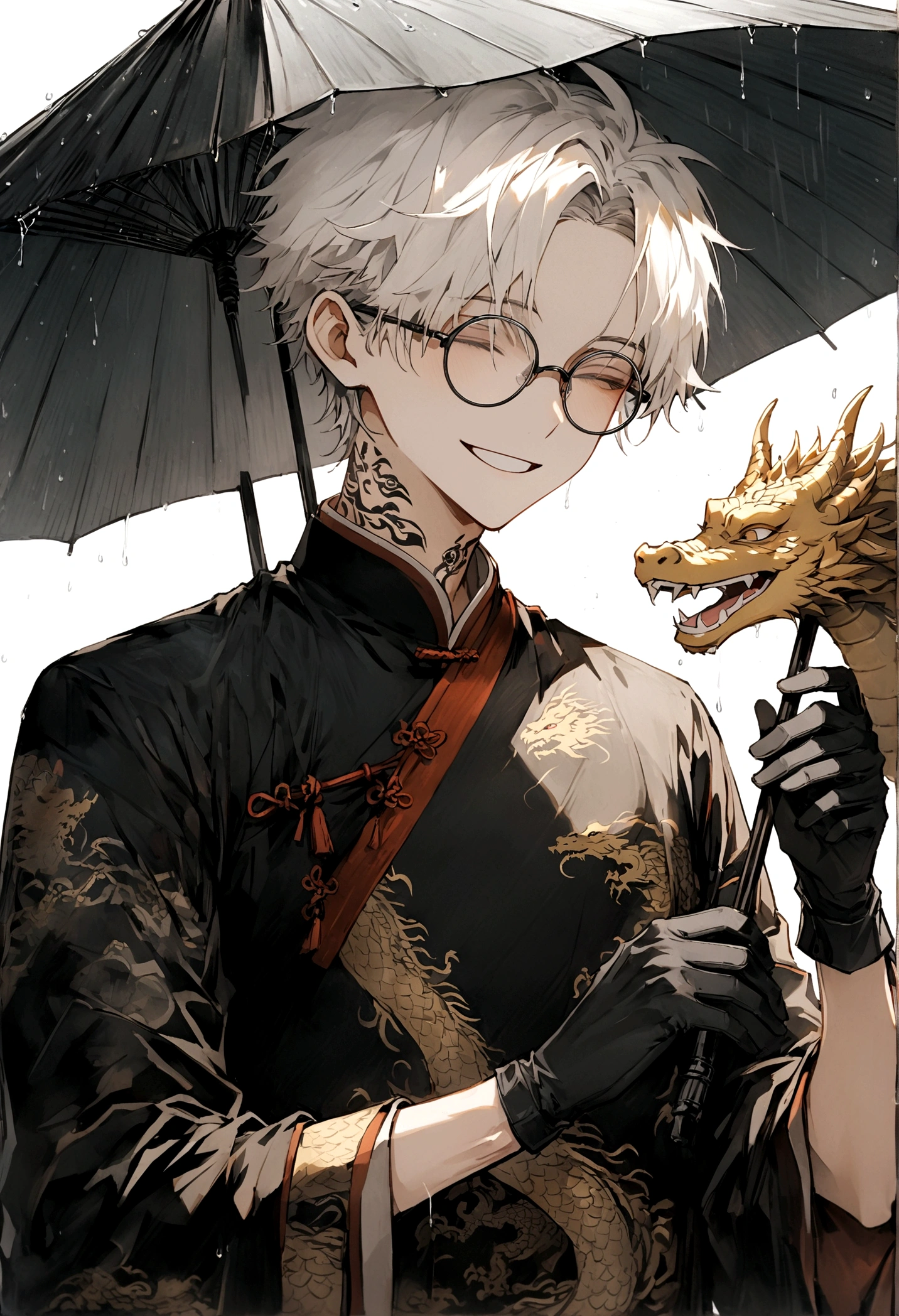 Long white hair, always smile and close the eyes,male,slim, black Chinese mix Vietnamese long clothes with golden dragon patterns, black dragon tattoos on neck, black rimless glasses on head, black gloves, personality stoic always close the eyes, holding black umbrella,**close the eyes**,very attractive,The background have bamboo have rainy