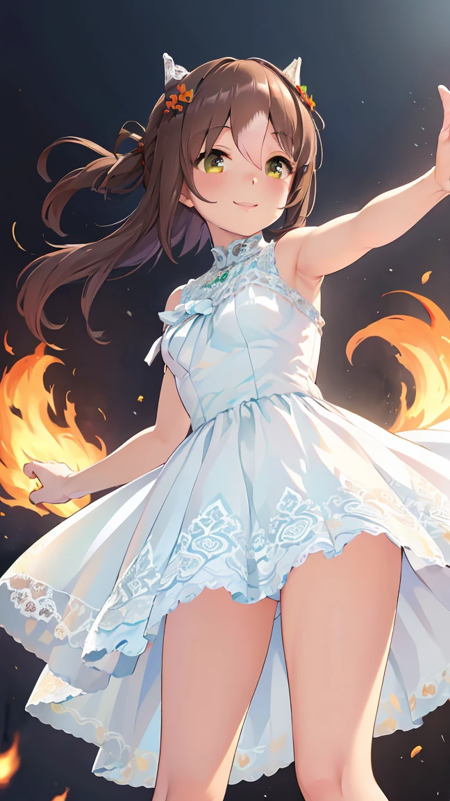 masterpiece, Highest quality, High resolution, Very detailed,(((Fine Motion))), (((White Dress))), (((smile))), Bare legs, Manipulating the flames。