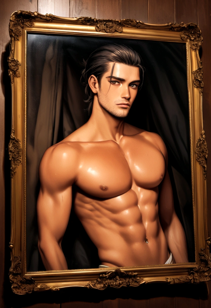 A 26-year-old handsome king with black slicked back hair and trimmed stubble, no shirt, Tanned, Bronzed Skin, Photograph of a man's body,