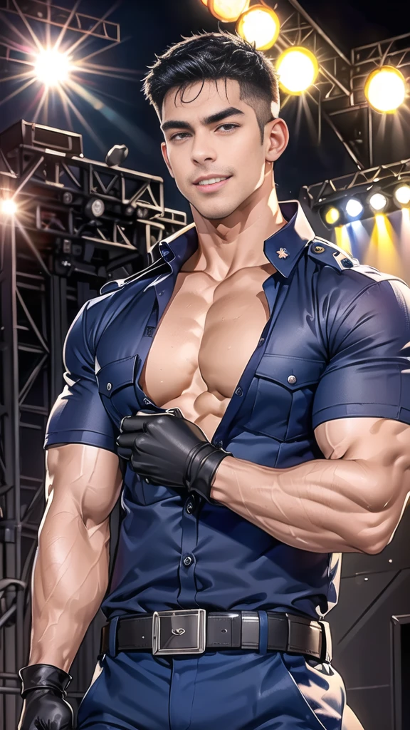 handsome man sit on stage ,(crew cut short hair:1.2),black eye,smile,open mouth (navy police uniform and t-shirt:1.2),(open shirt short sleeves:1.2),collar,(shirt covered over:1.2),(name tag and Police badge:1.2),(shirt no buttons:1.1),(black_gloves:1.3), (Navy blue cargo:1.2),Korean guy,korean men,(High gloss details),(chest muscles:1.2),(large arm muscles:1.2),blood vessel,Big muscles,Broad shoulders,looking at the audience,Balancing the eyes,middle of the road,(stage:1.4)