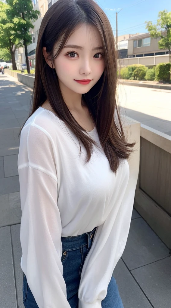 Tabletop, Highest quality, shape, Very detailed, finely, High resolution, 8k wallpaper, 完璧なダイナミックな構shape, Beautiful and exquisite, Nice spring clothes,Beautiful straight hair,Small breasts,Natural color lip, 20-year-old girl、cute、Always blur the background,Perfect and beautiful face,Beautiful and dense face、Slim face and figure,Big eyes、Putting on gal makeup,Actual Photos(Best image quality)、Sexy Face、Fashion model posing、Full Body Shot、smile、Change pose randomly、Randomly change the shooting angle and position、Summer Fashion、Photographing the sky
