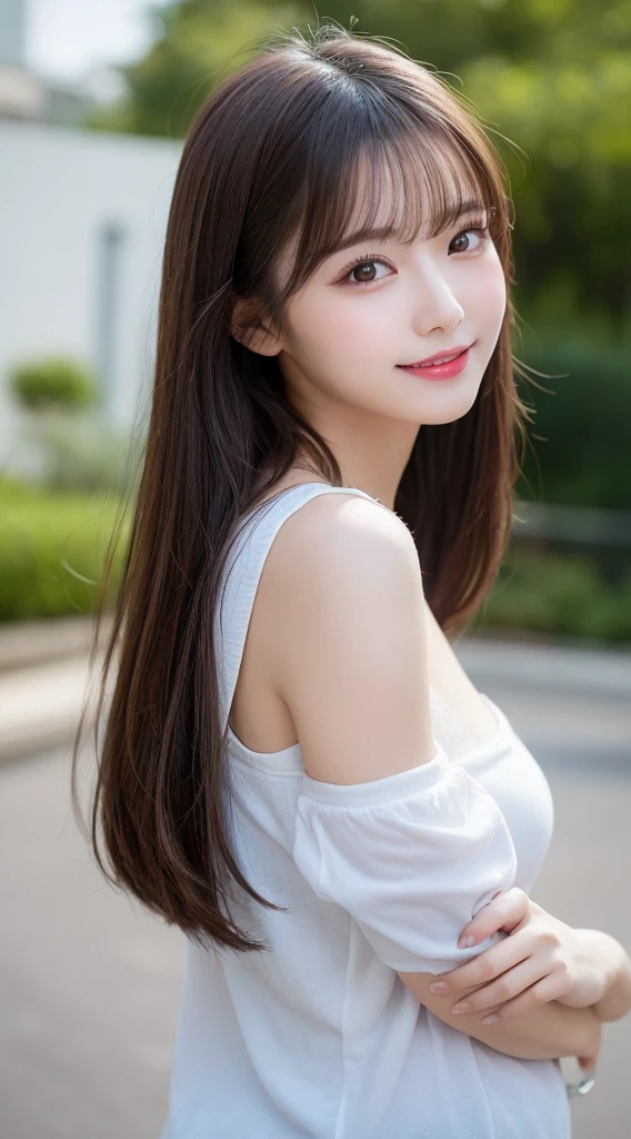 Tabletop, Highest quality, shape, Very detailed, finely, High resolution, 8k wallpaper, 完璧なダイナミックな構shape, Beautiful and exquisite, Nice spring clothes,Beautiful straight hair,Small breasts,Natural color lip, 20-year-old girl、cute、Always blur the background,Perfect and beautiful face,Beautiful and dense face、Slim face and figure,Big eyes、Putting on gal makeup,Actual Photos（Best image quality）、Sexy Face、Fashion model posing、Full Body Shot、smile、Change pose randomly、Randomly change the shooting angle and position、Summer Fashion、Photographing the sky