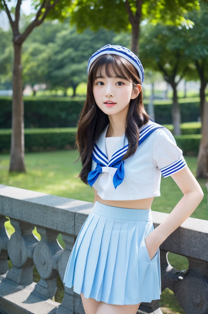 top-quality、masterpiece、hight resolution、4K、real 18 year old woman、Light blue sailor suit、Pleated mini-skirt a park、Puku Face、Semi-long hair、1girl in、