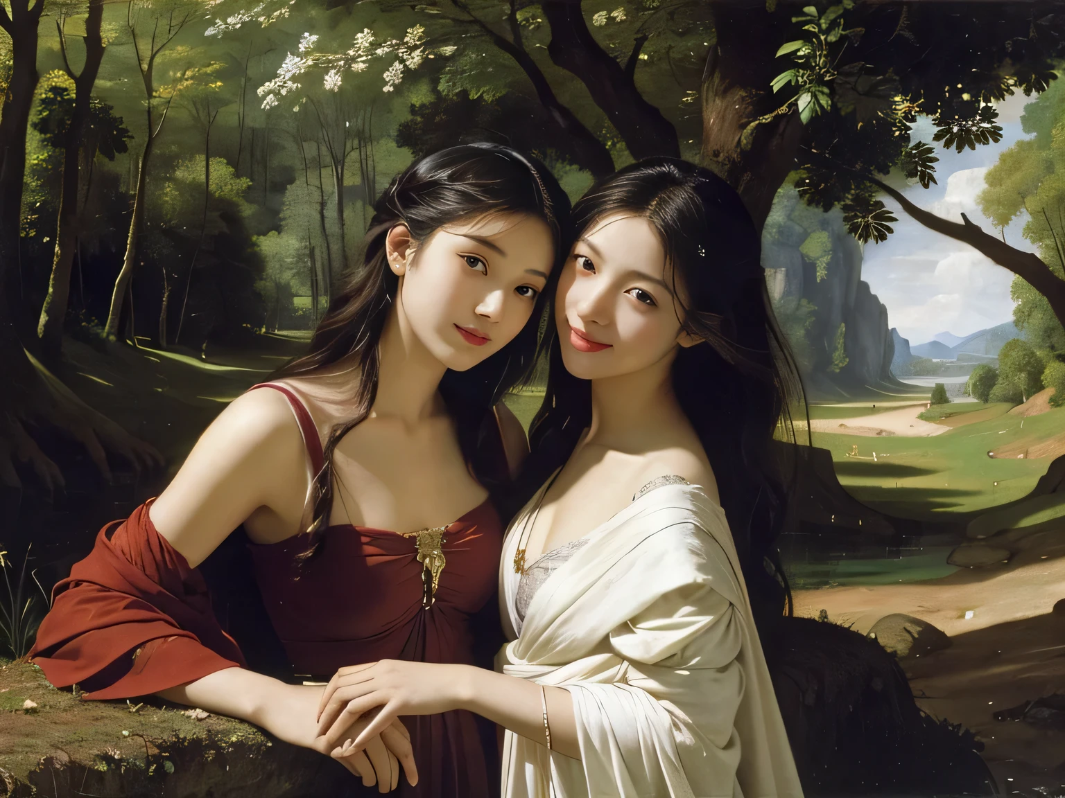 Giorgione painting style,Barbizon forest A beautiful woman in Greek dress smiles on the shore,Sweet and seductive appearance.、Caravaggio's paintings、Chiaroscuro of Caravaggio、hair tousled by the wind,Two women frolicking,cute smile, expression of ecstasy,Sexy,erotic, full body portrait
