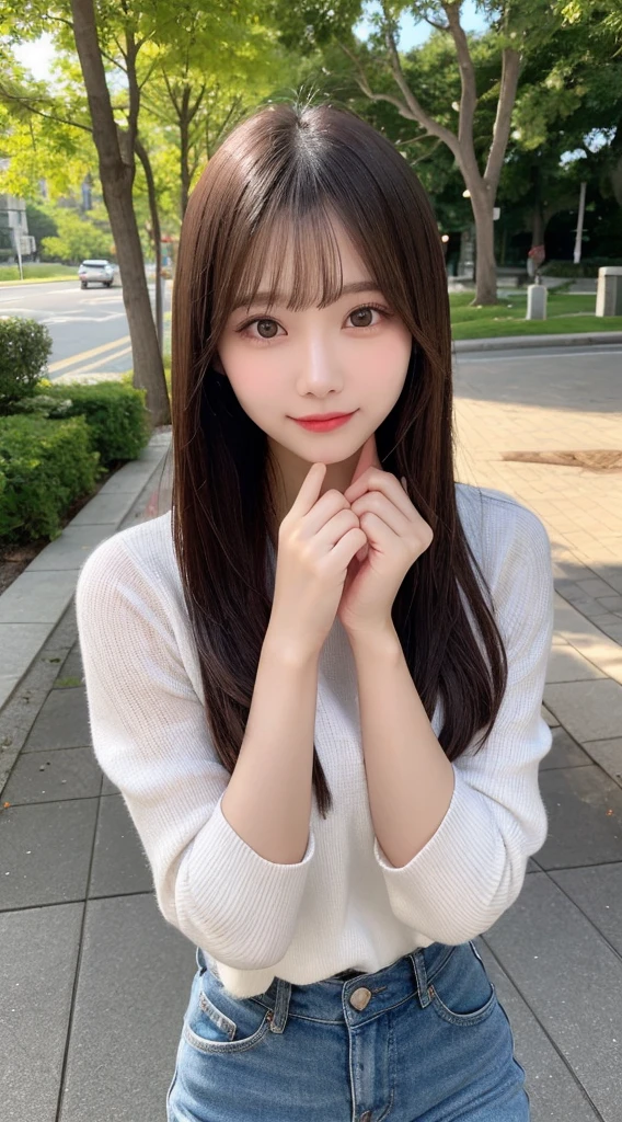 Tabletop, Highest quality, shape, Very detailed, finely, High resolution, 8k wallpaper, 完璧なダイナミックな構shape, Beautiful and exquisite, Nice spring clothes,Beautiful straight hair,Small breasts,Natural color lip, 20-year-old girl、cute、Always blur the background,Perfect and beautiful face,Beautiful and dense face、Slim face and figure,Big eyes、Putting on gal makeup,Actual Photos(Best image quality)、Sexy Face、Fashion model posing、Full Body Shot、smile、Change pose randomly、Randomly change the shooting angle and position、Summer Fashion