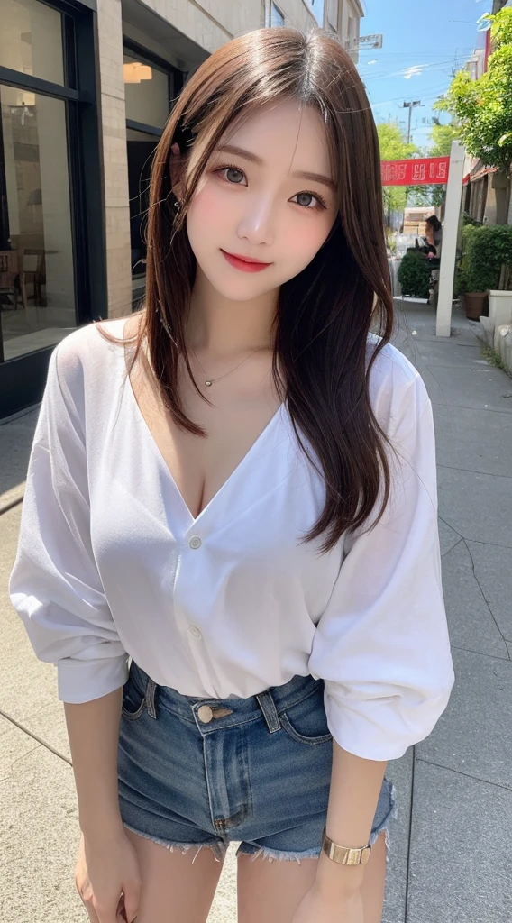 Tabletop, Highest quality, shape, Very detailed, finely, High resolution, 8k wallpaper, 完璧なダイナミックな構shape, Beautiful and exquisite, Nice spring clothes,Beautiful straight hair,Small breasts,Natural color lip, 20-year-old girl、cute、Always blur the background,Perfect and beautiful face,Beautiful and dense face、Slim face and figure,Big eyes、Putting on gal makeup,Actual Photos(Best image quality)、Sexy Face、Fashion model posing、Full Body Shot、smile、Change pose randomly、Randomly change the shooting angle and position、Summer Fashion