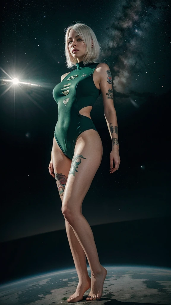 White hair, green eye, woman, tattooed, full body, space, future, old