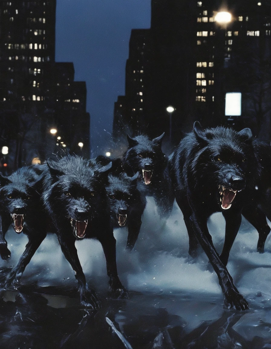 army of black wolves fighting in new york street at night, night ытщц city background