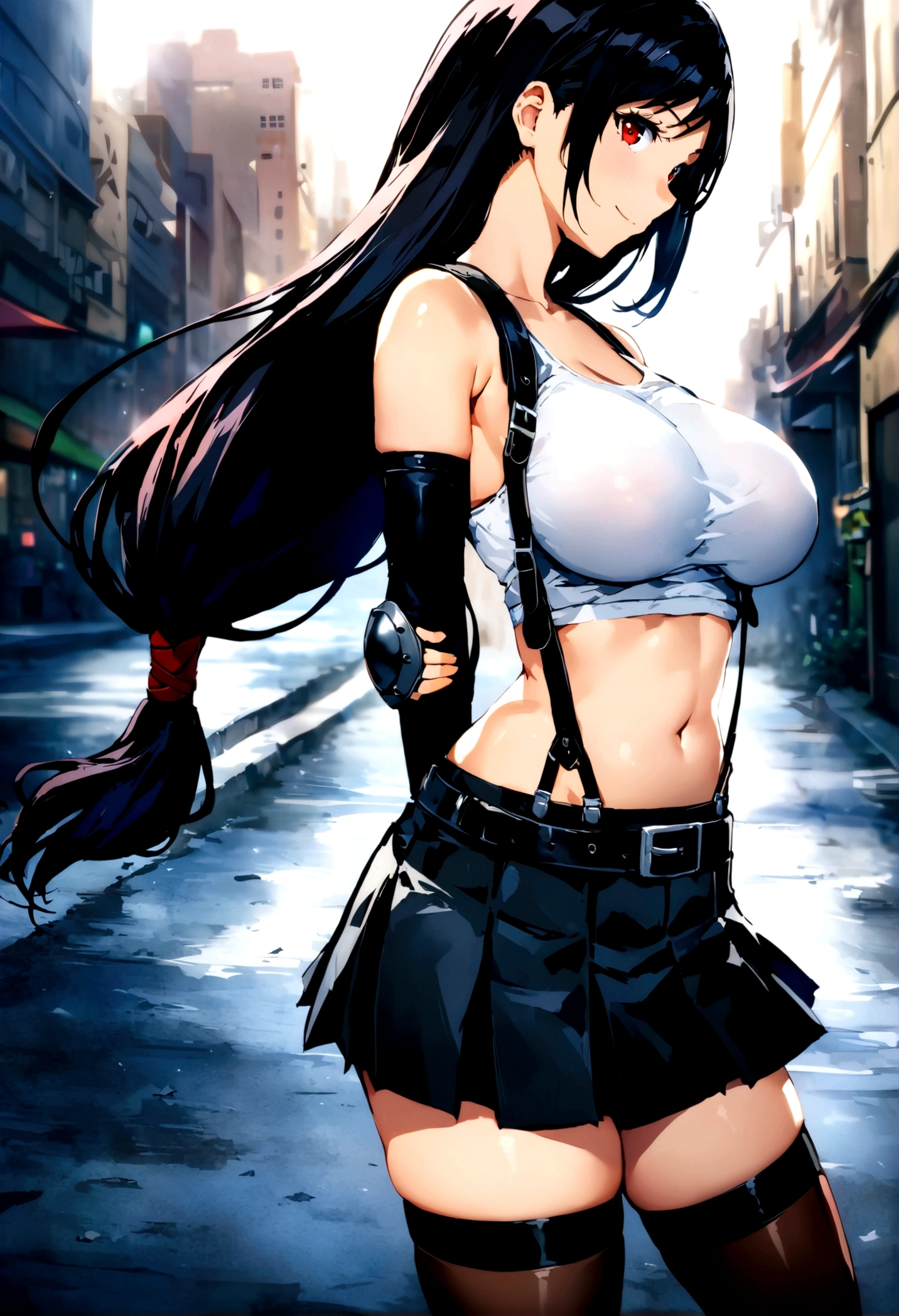 score_9, score_8_up, score_7_up,score_6, score_5,4k,BREAK , from side,from side,side view,Dutchangle,breast focus,standing,straight-on,walking,(arms behind back),(mediumshot),looking_at_viewer ,1girl, tifa lockhart, final fantasy, tareme,black hair, low-tied long hair, red eyes, bangs, (white tank top, belt, pleated skirt, thighhighs, elbow fingerless gloves, elbow pads, midriff, navel,suspender skirt) ,(large_breast),(light smile),Curvy waist,,Solo,,(daytime and beachside and city),detailed skin,(best quality),(aesthetic,very aesthetic),UHD,HDR,intricate detailed,anime,highly detailed,sharp focus,depth of field,,professional lighting,cinematic lighting, ,
