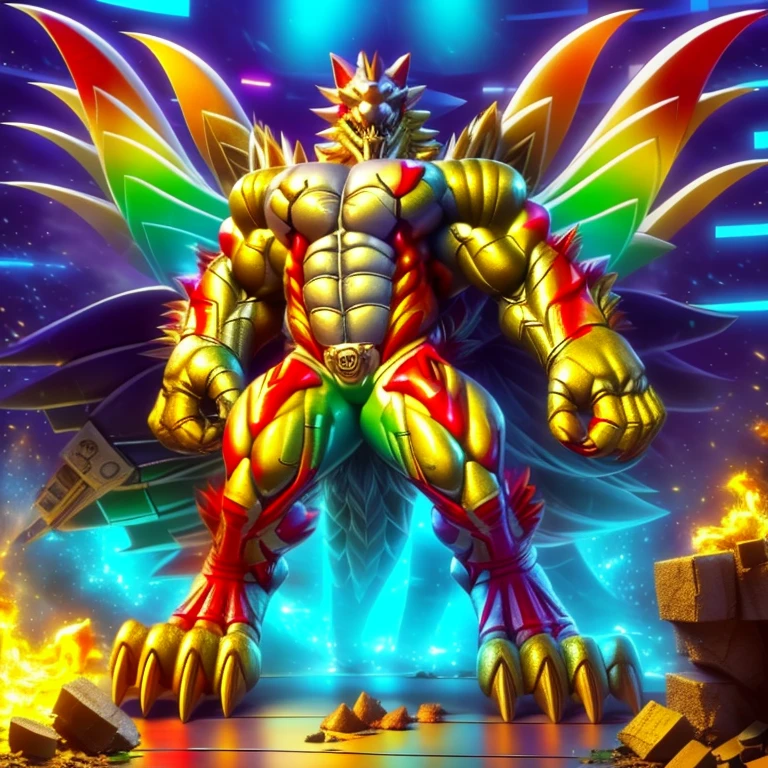 (masterpiece. official art. 8k. best quality. detailed full body. full body.)

(situation 1 : dominating The Phoenix Wolf. The Phoenix Wolf is over 1000 meters long. focus GIANT mechanical Muscular The Phoenix Wolf is trampling the car. Looking down.)

(situation 2 :smoke and flames rising from the destruction in the city)

(Additional details 1: Wearing GOLDEN Armor. Cape. Helmet. real texture material. whole body shines like metal. emphasizes the muscles. suit fully made of metal.Robotic suit).

(Additional details 1.5: The arms are golden. The lower half of the body is golden. The wolf-shaped helmet has sharp fangs. The whole body is golden.).

(Additional details 2: Detailed head. Detailed Body. Detailed abs. gigantic muscles. HYPER MUSCLES. Gigachad Muscular. big muscle. pecs. triceps. traps. unusually developed muscular body. body full of huge muscles. showing off muscles. pectorales enormes. Exaggeratedly huge muscles. huge muscles. long legs.).

(Additional details 3: nj5furry, Spread wings. It has wings. The claws are sharp. Sharp teeth.). He is laughing defiantly. The claws are sharp. Sharp teeth.). He is laughing defiantly.