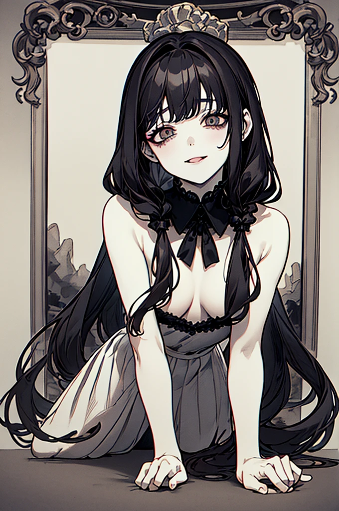 Highest quality, (Background details), Hollow Eyes, Approaching on all fours, (((Making her lick her own vagina)))、whole body, Twin tails, View from below, (((naked)))、High Contrast, Super Beauty, Detailed original illustrations, Sensual, Delicate face, Charm, Bad boy, sexy, looking at the camera, Real breasts, Stalker, Crazy Smile, Pale skin, Bloodstained, Black Hair, Beautiful line art