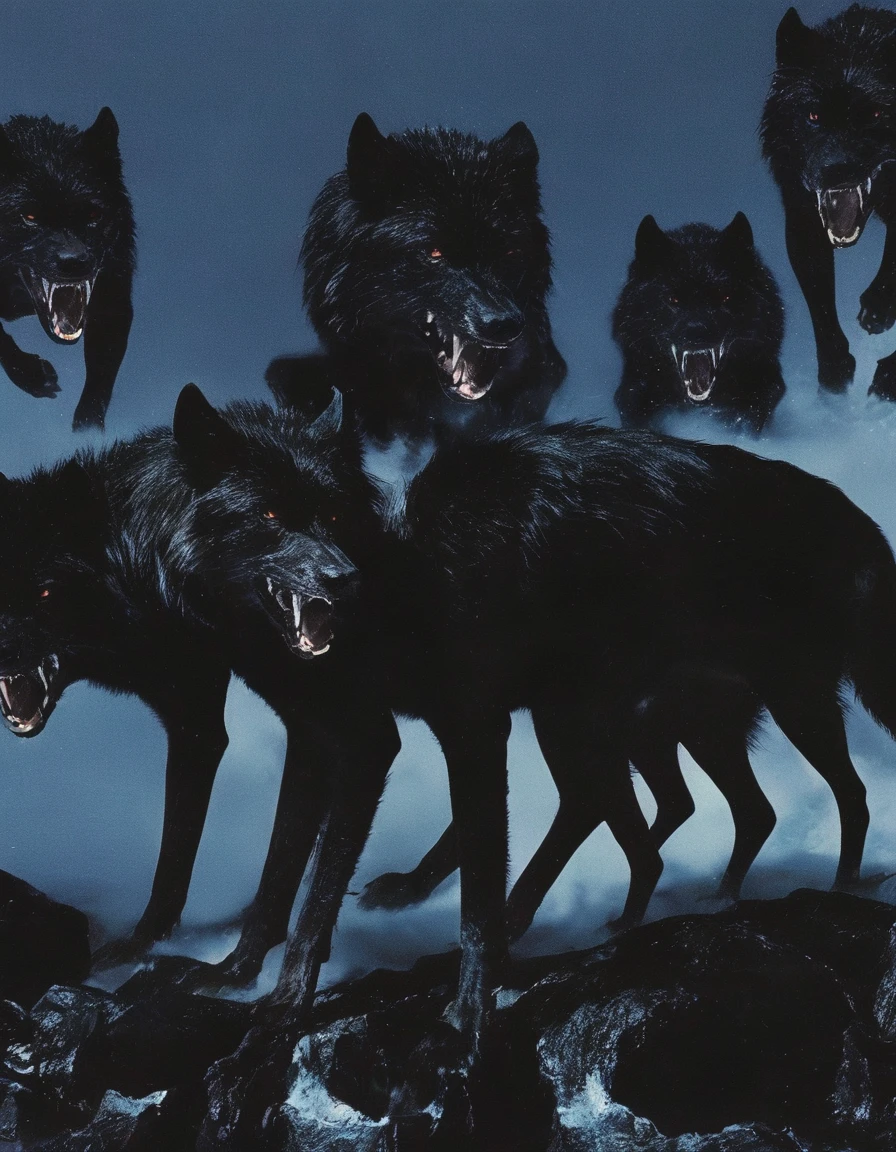 army of black wolves fighting with cats in new york street at night, night ытщц city background