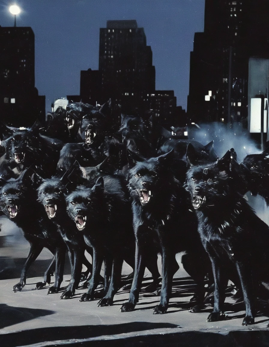 army of black wolves fighting with cats in new york street at night, night ытщц city background