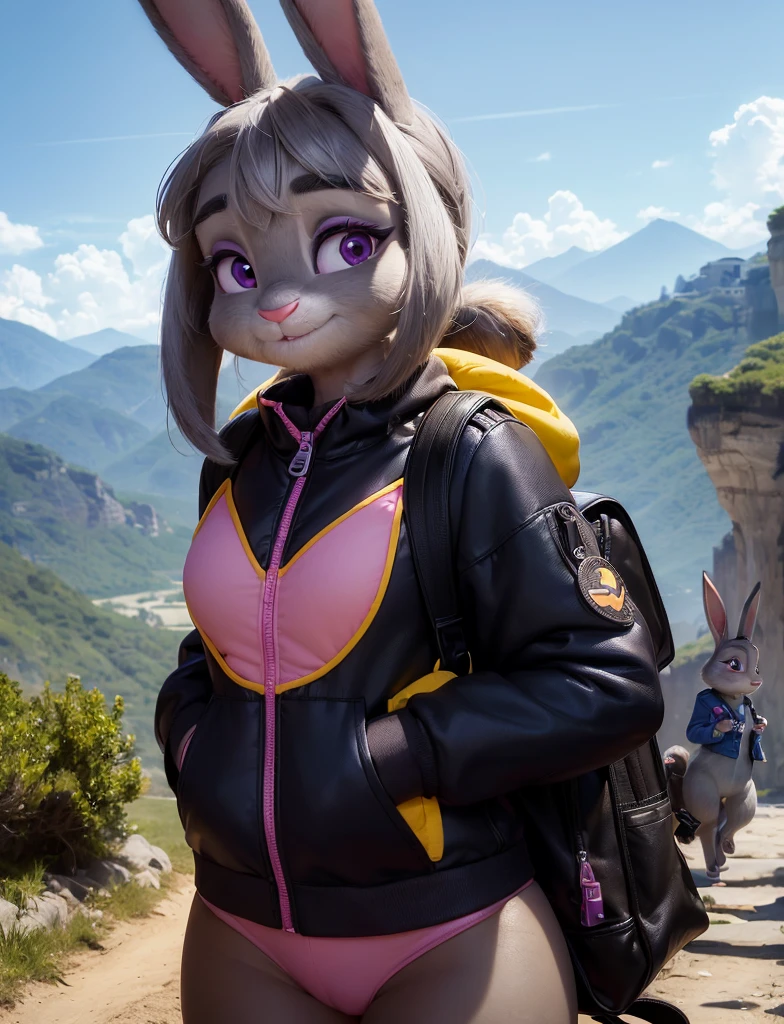 Highest quality,
masterpiece,
Ultra-realistic,
Super detailed,
Beautiful details,
4K，8K，upper,
pixar,
Photo realistic,
Medium Shot,
Background is ((hiking course)),
Realistic lighting,
((looking at the camera)),
hiking lady,

((Anthropomorphic rabbit)),
Detailed animals,
Complex patterns,
(Furry:1.35),
(All skin is grey:1.35),
(The body is fluffy and bushy:1.1),
Realistic fur,

Human hand,

(Judy Hopps face:1.3),
((ponytail hairstyle)),
((side part bangs)), bangs,
((dark gray hair color)),
Purple eyes,
{Eye highlights, Clear eyes, Eyes sparkling, Large, round pupils},
Detailed Iris, 
(Eyebrows raised:1.2),
(Crescent eyebrows:1.3),
(Bunny ears:1.3),
smile, big smile, pure smile,
raised corners of mouth,

The woman is wearing fleece jacket,
The woman is wearing trekking bottoms,
((pink fleece jacket)),
((yellow green bottoms)),
carry a backpack,

(alone:1.5),
(1 Female:1.5),
Only 1 character,
Perfect Anatomy,

Lighting forward,
Lighting front,
sunlight, 
Intricate details, 
Ray Tracing, 
Realistic, 