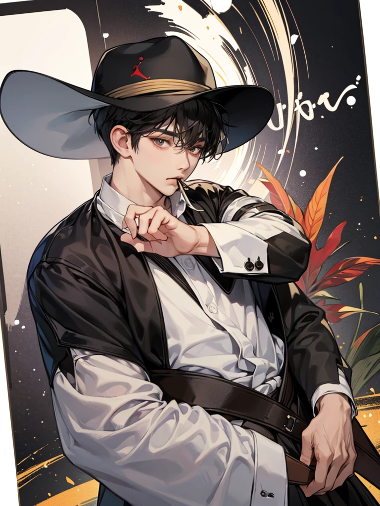 Black short hair, male, Slight moustache, Kyungsi's costume, Tobacco, Sleepy face, air jordan hat