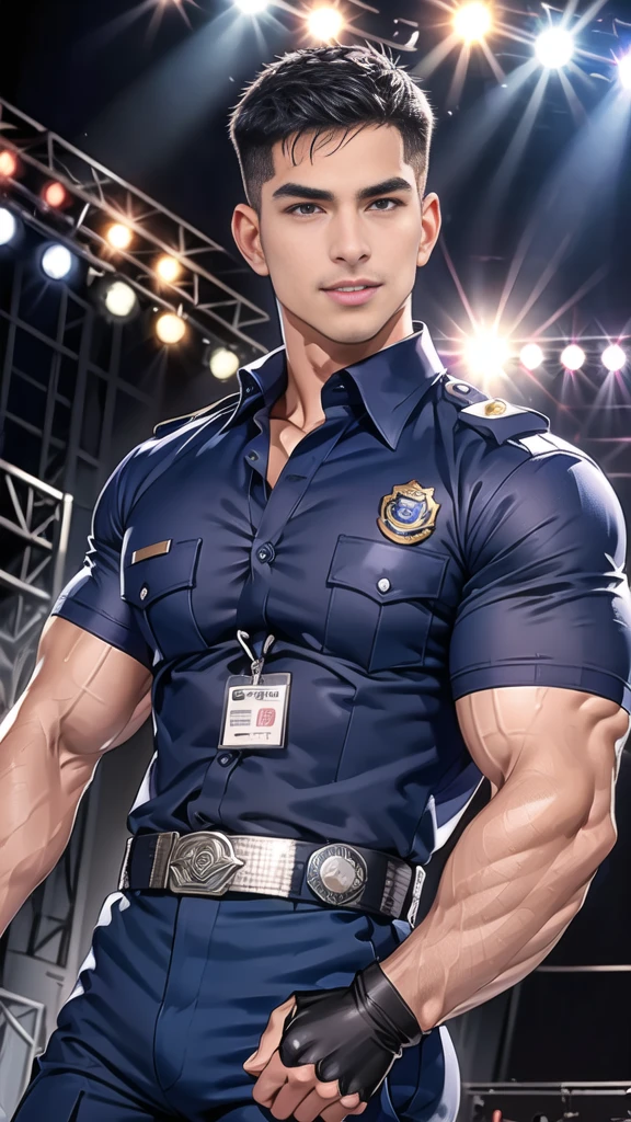 handsome man sit on stage ,(crew cut short hair:1.2),black eye,smile,open mouth (navy police uniform and t-shirt:1.2),(open shirt short sleeves:1.2),collar,(shirt covered over:1.2),(name tag and Police badge:1.2),(shirt no ons:1.1),(black_gloves:1.3), (Navy blue cargo:1.2),Korean guy,korean men,(High gloss details),(chest muscles:1.2),(large arm muscles:1.2),blood vessel,Big muscles,Broad shoulders,looking at the audience,Balancing the eyes,middle of the road,(stage:1.4)