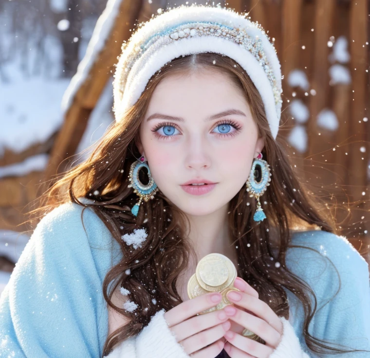 Beautiful girl, blue eyes, long curly white hair witg, detailed facial traits, beautiful earrings, national turkic female dress, naked breasts, naked nipples, yurta behind, it's snowing, sexy pose, beautiful headband with handing coins