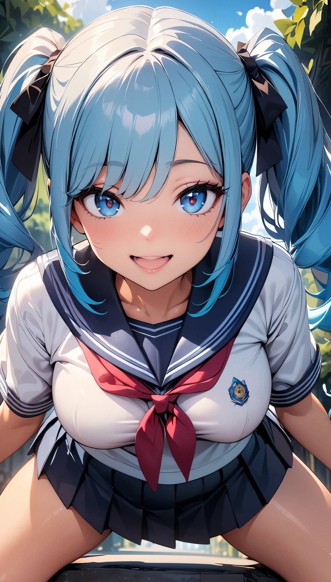 (Highest quality:1.2, 4K, 8K, Very detailed, Latest, Vibrant, High detail, masterpiece:1.2, Highest quality, Best aesthetics), (((1 Girl))), JK, Sailor suit, Pleated skirt, Open your mouth slightly:1.2, smile, (Blue Hair, Twin tails in a high position), Dynamic Angle, Friendly atmosphere, Beautiful Hair, Shiny Hair, Beautiful Skin, Detailed face and eyes, Glossy Lips, Curvy Women, A park full of greenery:1.2, Colorful flowers, Light and shadow with attention to detail, Background Blur.