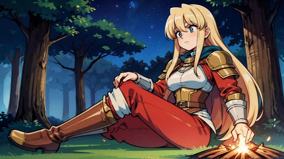 A human female adventurer camping outdoors in a fantasy game world. She is sitting cross-legged near a campfire, her long hair flowing freely, wearing medieval-style adventurer clothing with leather armor, a cloak, and boots. Her expressive eyes reflect the warm, flickering campfire light, and she has a determined look on her face. The background features a dense, enchanted forest under a starry night sky. The scene is brought to life with detailed shading and vibrant colors. 1920x1080 resolution.