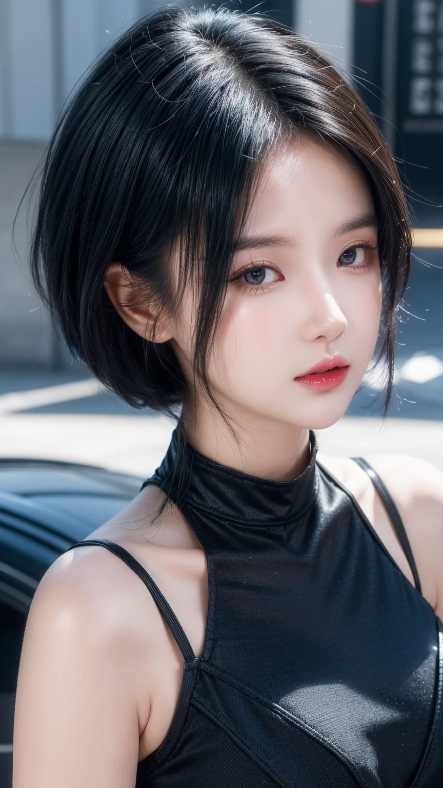 best quality, 1 Girl, dark blue hair, black eyes, Very short hair, Spiky hair, wears sweet black dress luxury，A cropped dress, 171 cm, Messy hair, Hair between the eyes, Tomboy, aldult, 20 years old, A sweet girl by the mountain