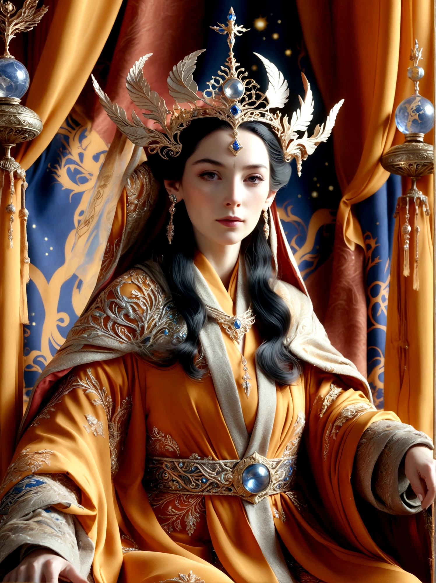 (The Queen of Middle-earth:1.3)，A royal figure in a lavish robe, adorned with a large crown, is seated on a throne, The setting is otherworldly and surreal, located in the vast expanse of space, The figure is perched on a miniature planet that's enveloped entirely by the rich fabric of the robe, reflecting an element of royal extravagance