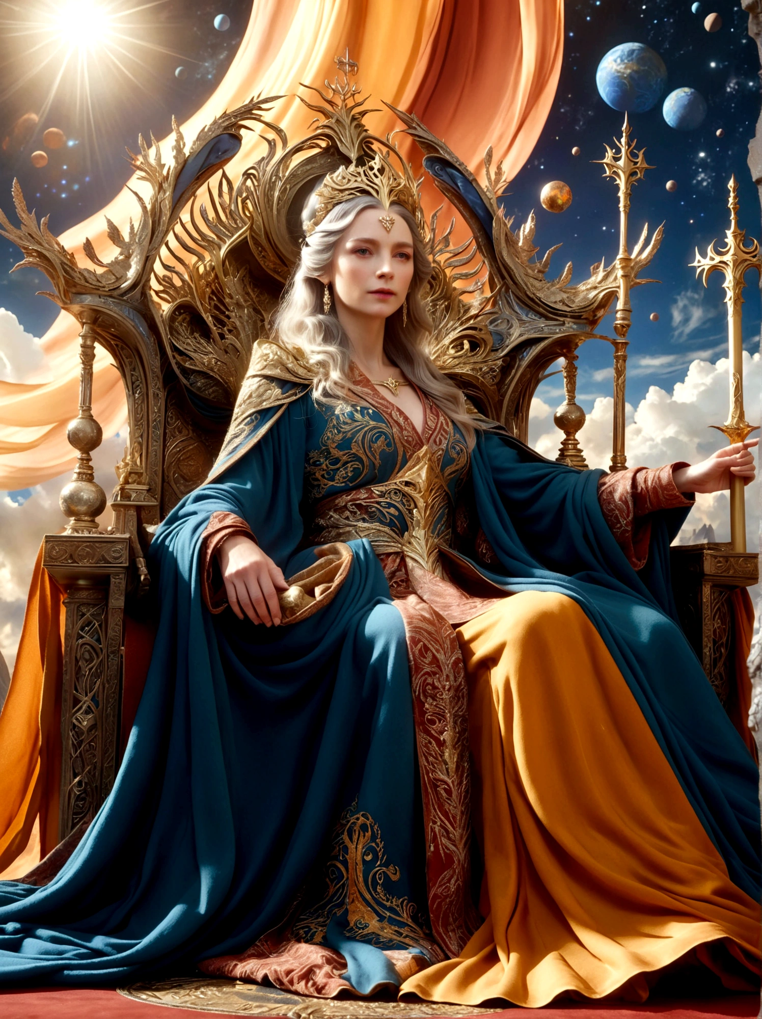 (The Queen of Middle-earth:1.3)，A royal figure in a lavish robe, adorned with a large crown, is seated on a throne, The setting is otherworldly and surreal, located in the vast expanse of space, The figure is perched on a miniature planet that's enveloped entirely by the rich fabric of the robe, reflecting an element of royal extravagance