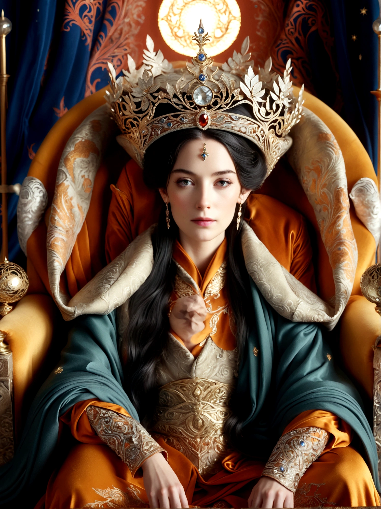 (The Queen of Middle-earth:1.3)，A royal figure in a lavish robe, adorned with a large crown, is seated on a throne, The setting is otherworldly and surreal, located in the vast expanse of space, The figure is perched on a miniature planet that's enveloped entirely by the rich fabric of the robe, reflecting an element of royal extravagance