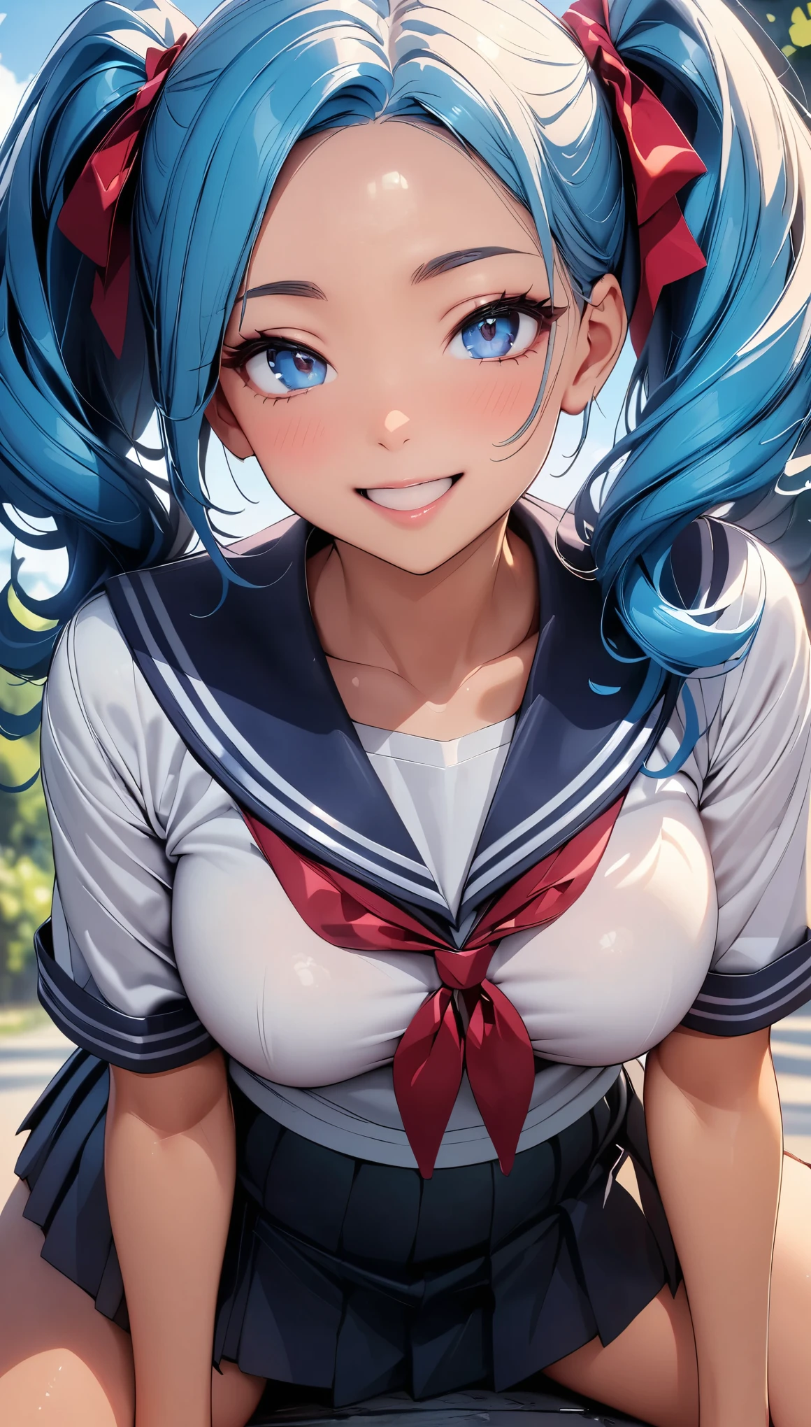(Highest quality:1.24K, 8K, Very detailed, Latest, Vibrant, High detail, masterpiece:1.2, Highest quality, Best aesthetics), (((1 Girl))), JK, Sailor suit, Pleated skirt, Open your mouth slightly:1.2, smile, (Blue Hair, Twin tails in a high position), Dynamic Angle, Friendly atmosphere, Beautiful Hair, Shiny Hair, Beautiful Skin, Detailed face and eyes, Glossy Lips, Curvy Women, A park full of greenery:1.2, Colorful flowers, Light and shadow with attention to detail, Background Blur.