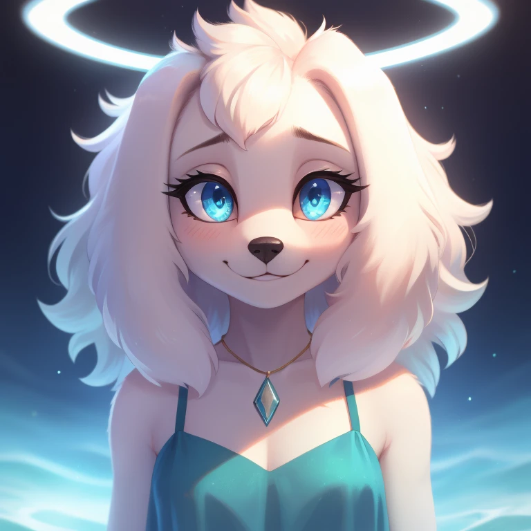 Fay Spaniel, Elegant Chiffon top, white hair, curly hair, halo, sunglasses, jewelry, aqua eyes, longeyelashes, aqua eyes, smile, shy, blush, high detail, masterpiece, UHD, anatomically correct, super detail, highres, 4K