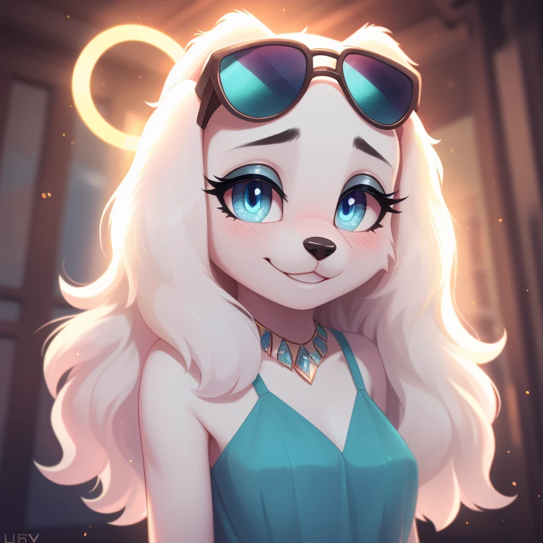 Fay Spaniel, Elegant Chiffon top, white hair, curly hair, halo, sunglasses, jewelry, aqua eyes, longeyelashes, aqua eyes, smile, shy, blush, high detail, masterpiece, UHD, anatomically correct, super detail, highres, 4K