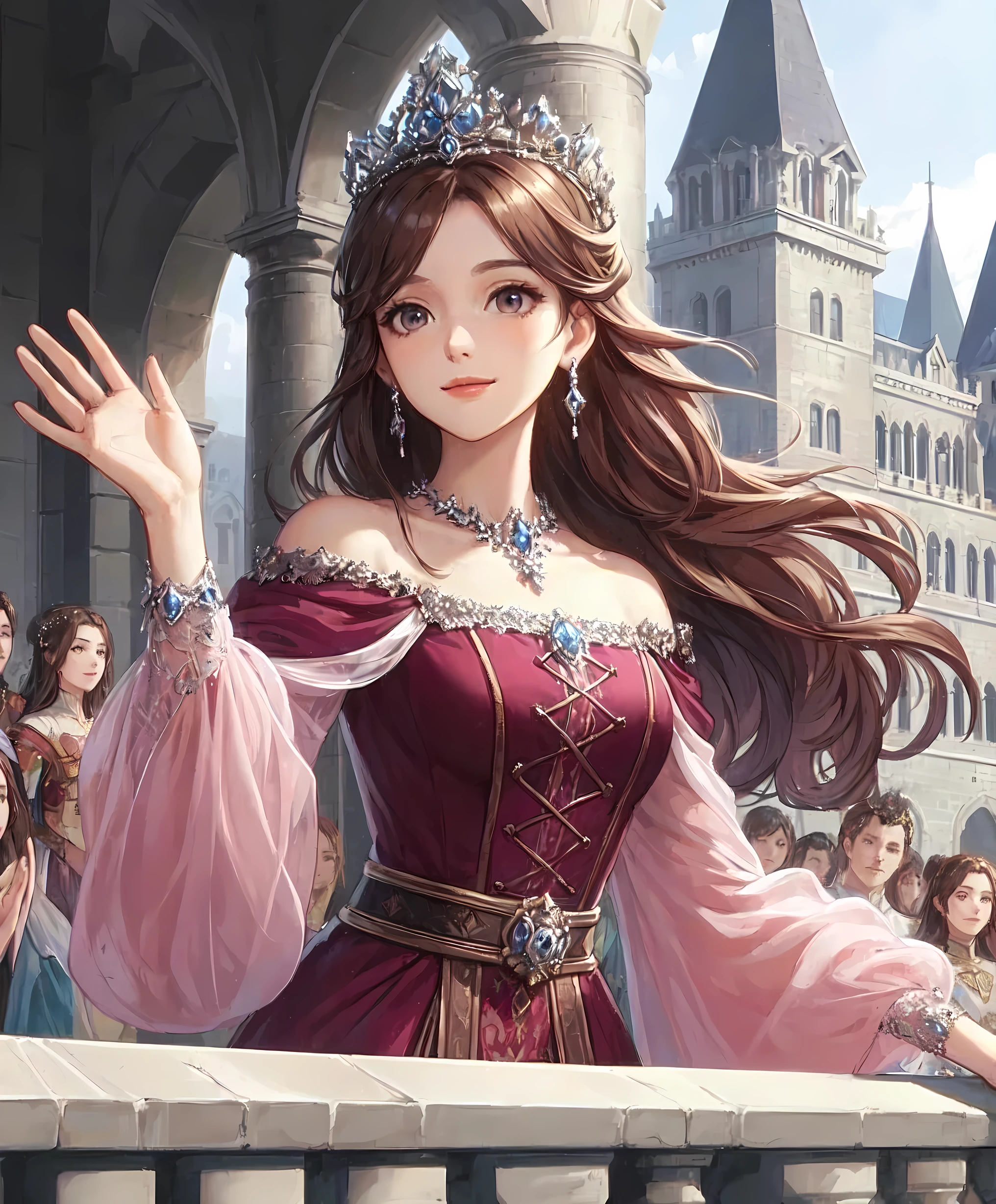 1lady solo, from below, standing on balcony, looking down, (waving hand:1.1) gracefully, queen, (elegant dress) crimson, (crystal tiara), /(light brown hair/) bangs, kind smile (benevolence), (masterpiece best quality:1.2) delicate illustration ultra-detailed, large breasts BREAK (balcony of medieval European palace) outdoors, audience, detailed background