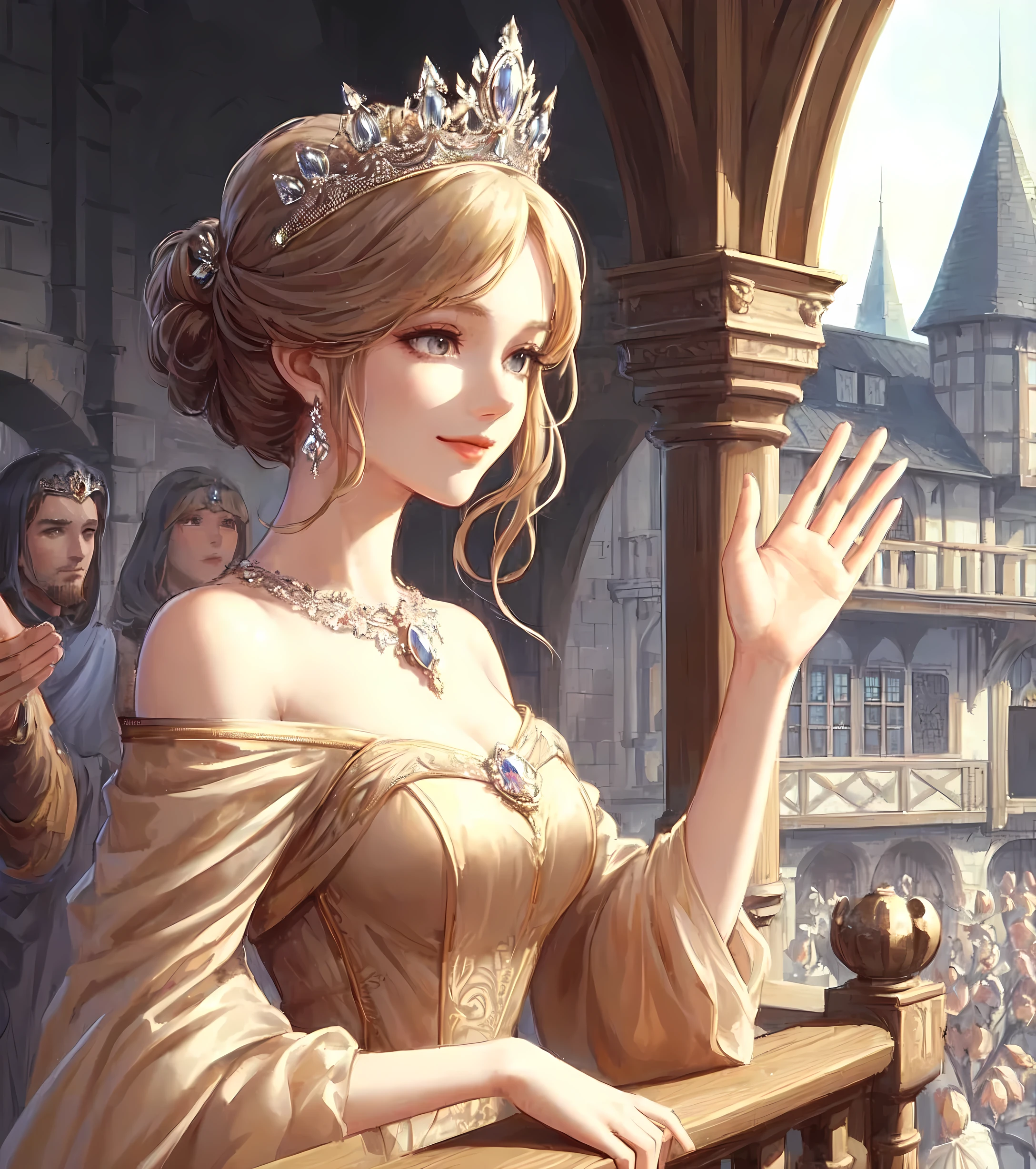 1lady solo, from below, standing on balcony, looking down, (waving hand:1.1) gracefully, queen, (elegant dress) champagne gold, (crystal tiara), /(beige blond hair/) bangs, kind smile (benevolence), (masterpiece best quality:1.2) delicate illustration ultra-detailed, large breasts BREAK (balcony of medieval European palace) outdoors, audience, detailed background