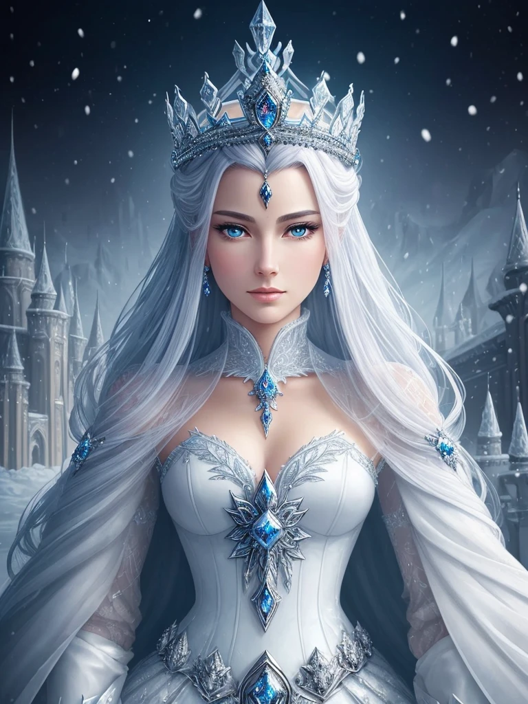 
               An extremely detailed close-up of a beautiful and elegant queen ruler of a world of ice and snow wearing a crown. The background is a magnificent ice and snow western style palace. Fantasy art style masterpiece. Fantastic fantasy world. Optical realistic style. Ultra detailed digital art. Realistic masterpiece. (best quality)