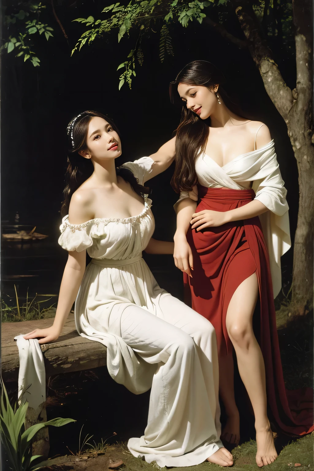 Giorgione painting style,Barbizon forest A beautiful woman in Greek dress smiles on the shore,Sweet and seductive appearance.、Caravaggio's paintings、Chiaroscuro of Caravaggio、hair tousled by the wind,Two women frolicking,cute smile, expression of ecstasy,Sexy,erotic, full body portrait