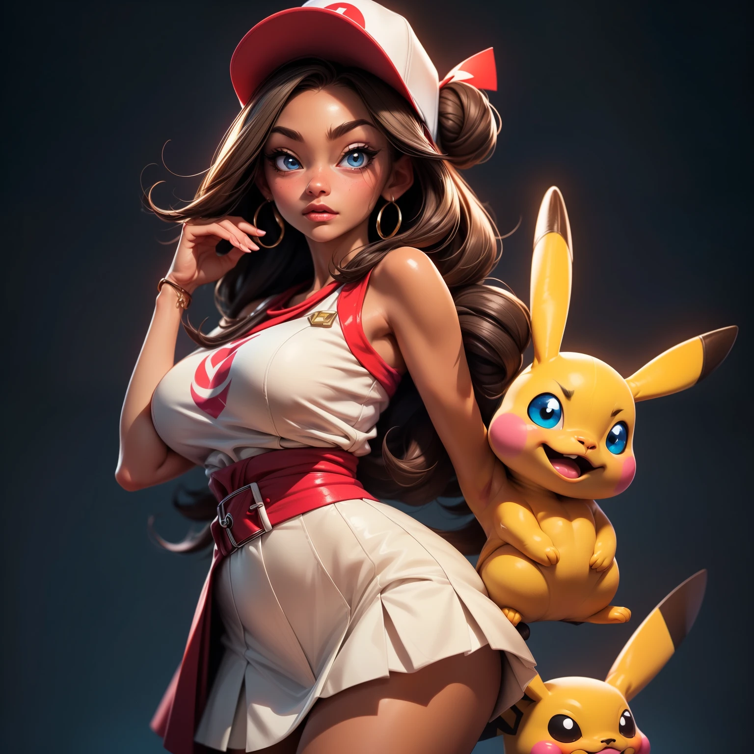 (masterpiece, best quality)), jessie, pokemon,white top with red letter R, white skirt, pikachu background,sexy,curvy body,detailed face,perfect eyes,detailed hands,hands up,light background,mix of fantasy and realistic elements,vibrant manga,uhd picture , crystal translucency, vibrant artwork,jessie\(pokemon\) photoreapistic, photo, , realistic,wo_p3rfb0dy01