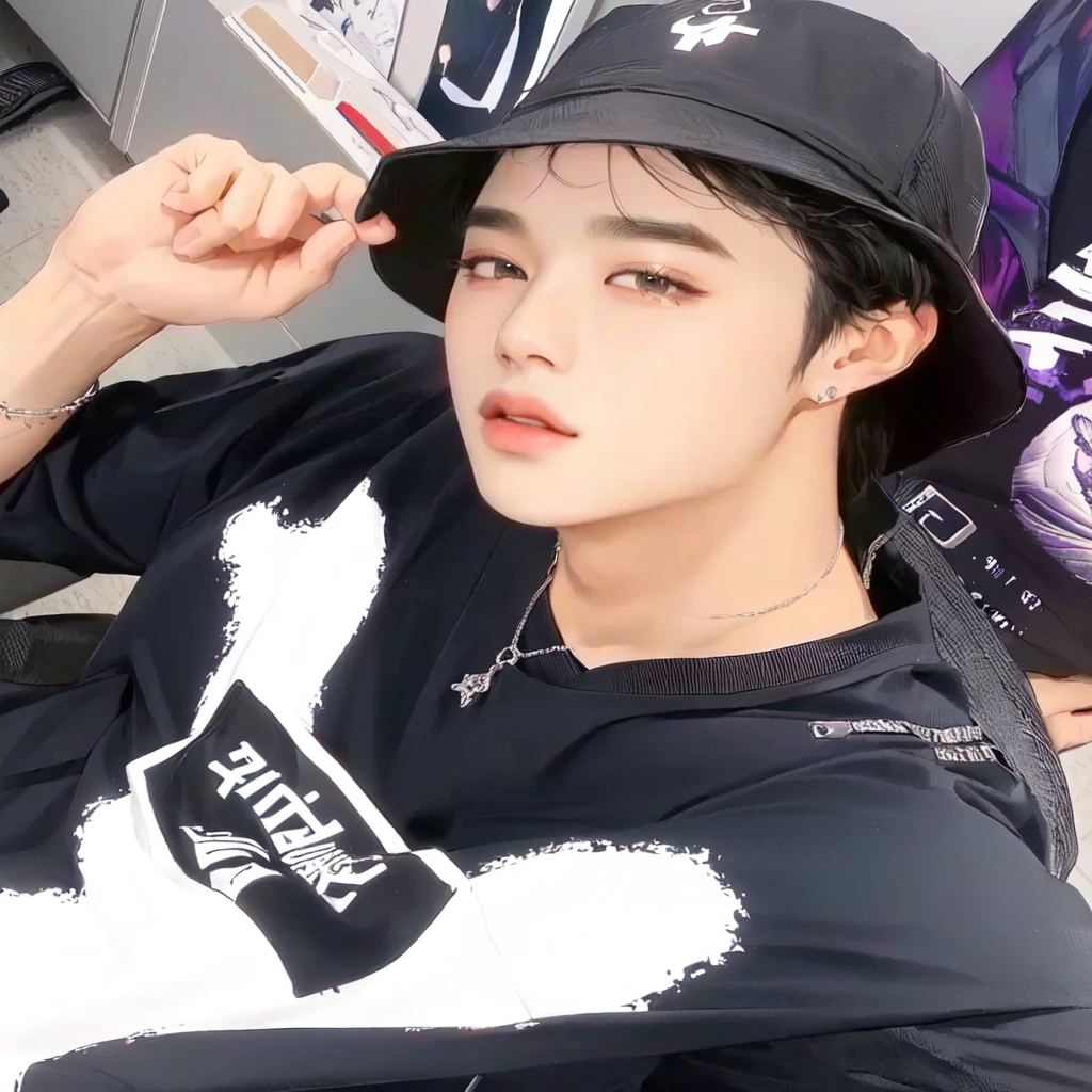 arafed man wearing a black hat and a black shirt, jimin, jimin\'s plump lips, wan adorable korean face, jimin\'s grecian nose, park jimin, accurate jimin face, jung jaehyun, jimin\'s right eyelid swollen, mark lee, kim doyoung, leaked image, fanart, sakimichan, taejune kim, bts jimin, kpop male face