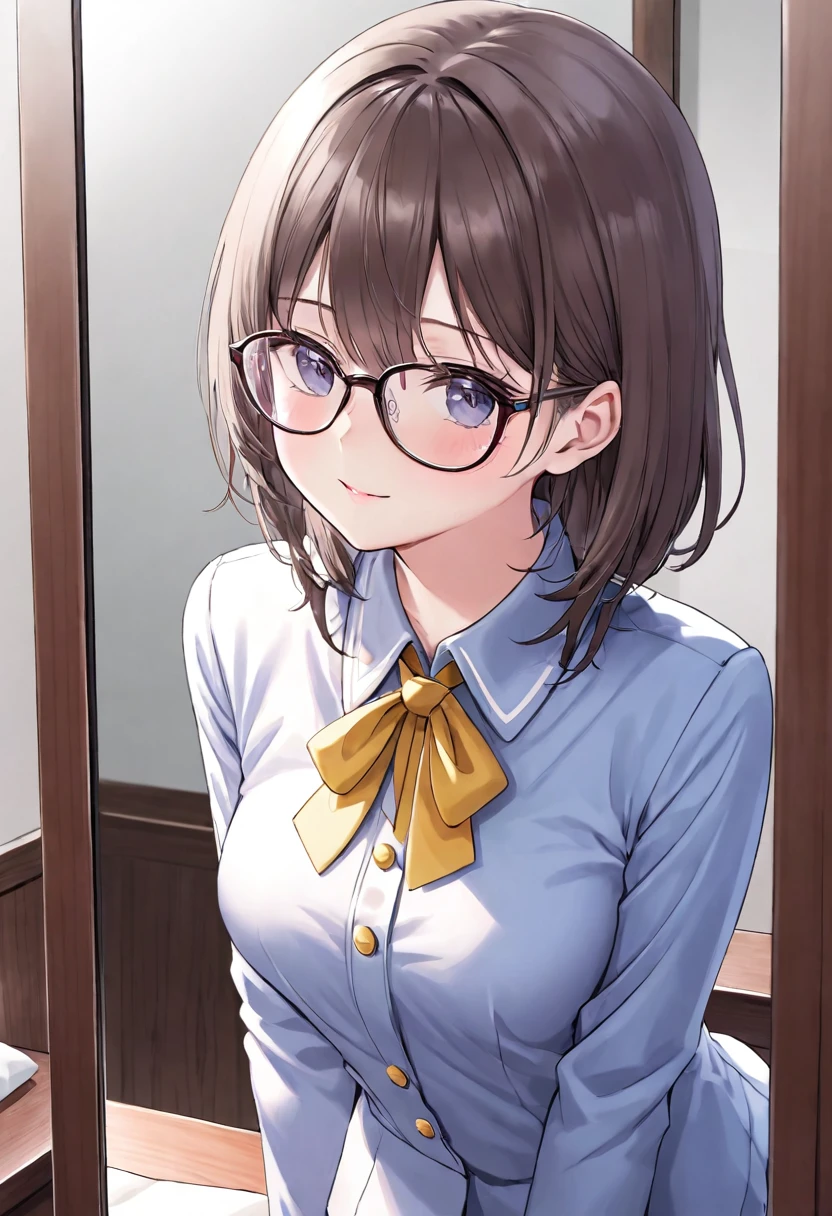 anime、girl、masturbation behavior、Through the mirror、uniform、Glasses、A pleasant looking face