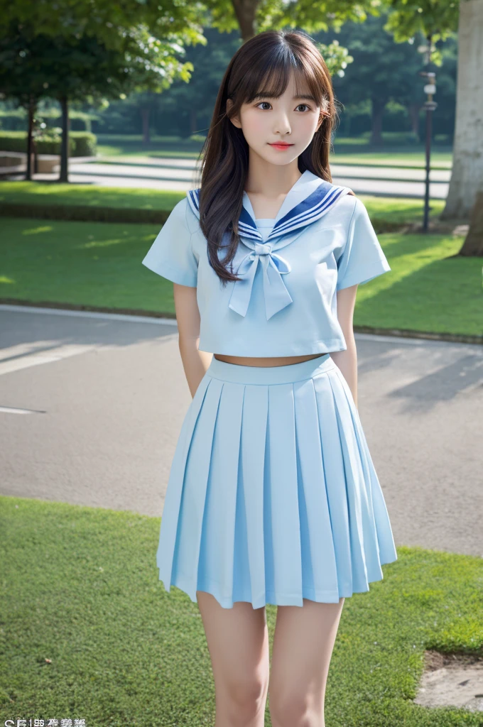 top-quality、​masterpiece、hight resolution、4K、real 18 year old woman、Light blue sailor suit、Pleated mini-skirt　a park、Puku Face、Semi-long hair、1girl in、nude