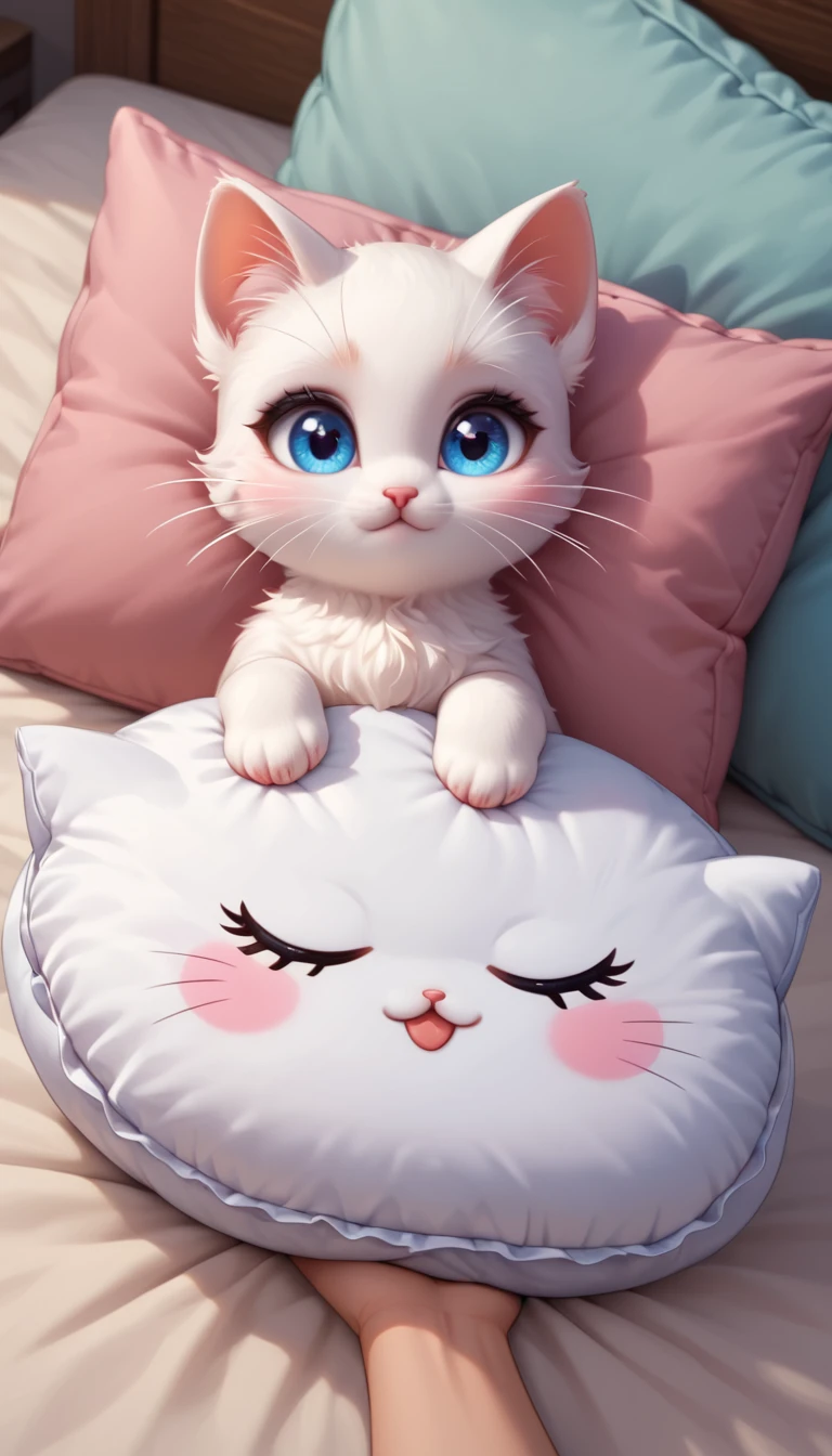 A tiny, cute kitten with white whiskers and bright eyes,The kitten sleeping on a soft pillow