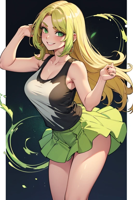 3lolis, straight blonde hair, long hair, (parted bangs:1), (street:1), full body, (wide hips:1.2), skin-tight camisole, bright green eyeair skin:1), shiny skin, standing