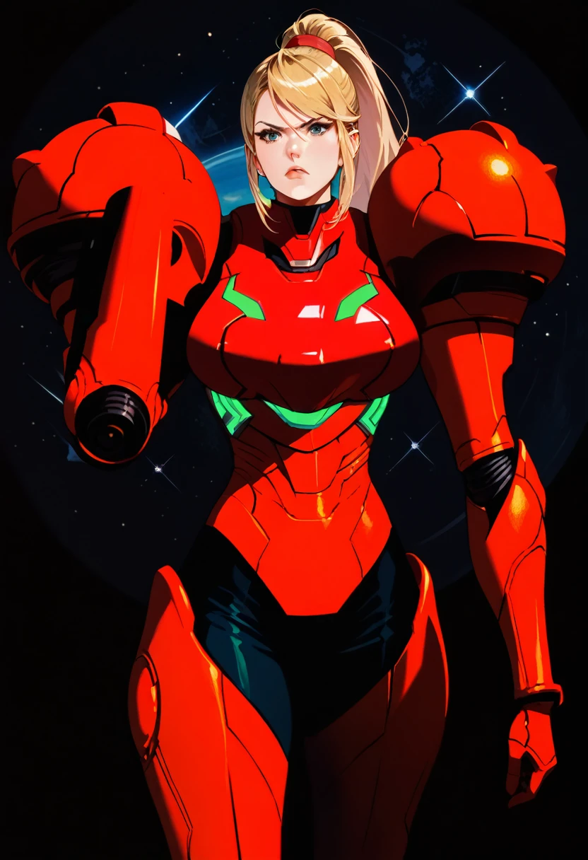 (best quality),female, long hair, ponytail, bangs, power suit (metroid),arm cannon, annoyed
on orange spaceship, repair bay, soldiers, space background,ultra-detailed,sharp focus,aesthetic, score_9, score_8_up, score_7_up,source_anime,
