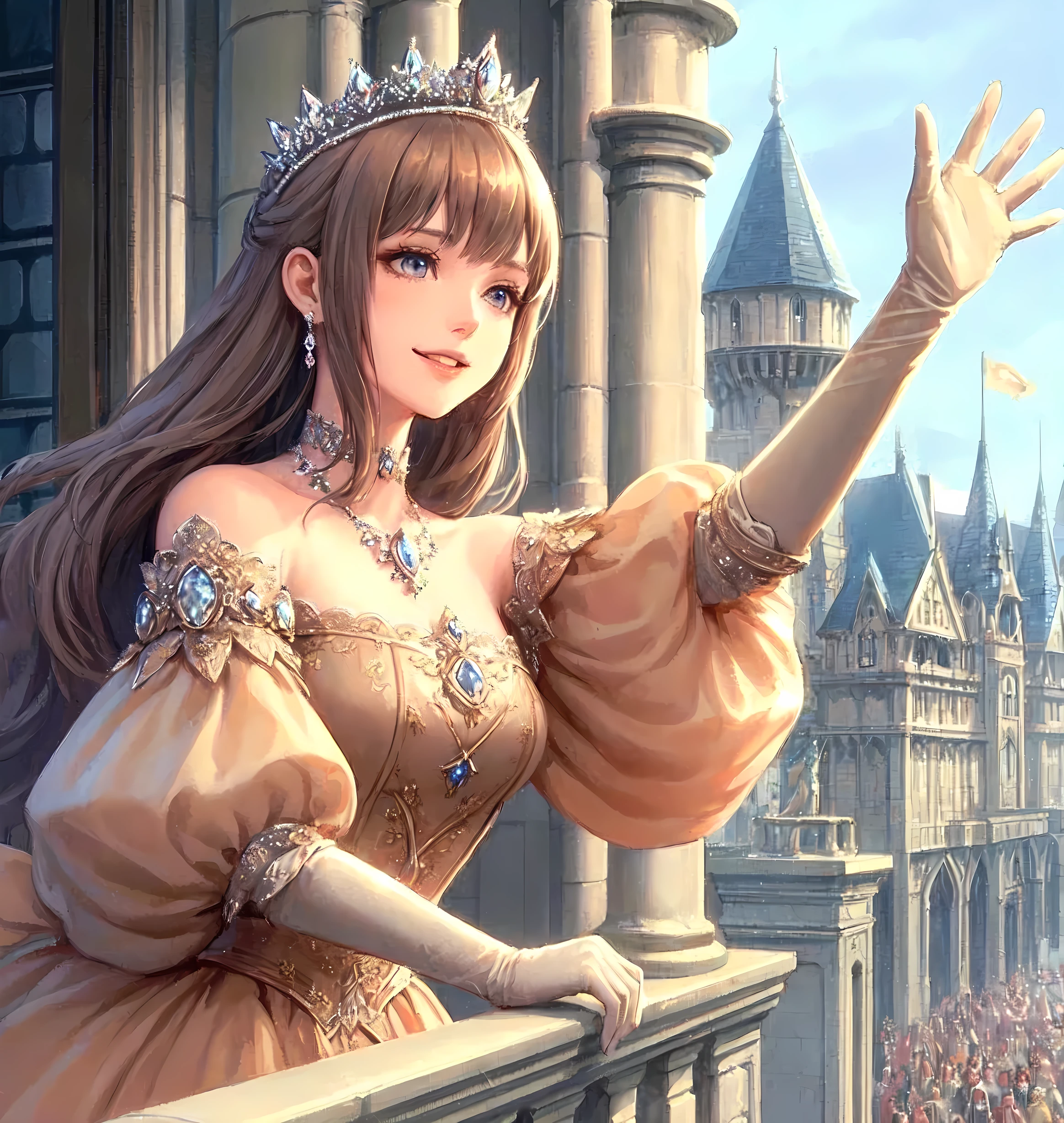 1lady solo, from below, standing on balcony, looking down, (waving hand:1.1) gracefully, queen, (elegant dress) champagne gold, (crystal tiara), /(beige brown hair/) bangs, kind smile (benevolence), (teeth:0.8), (masterpiece best quality:1.2) delicate illustration ultra-detailed, large breasts BREAK (balcony of medieval European palace) outdoors, audience, detailed background