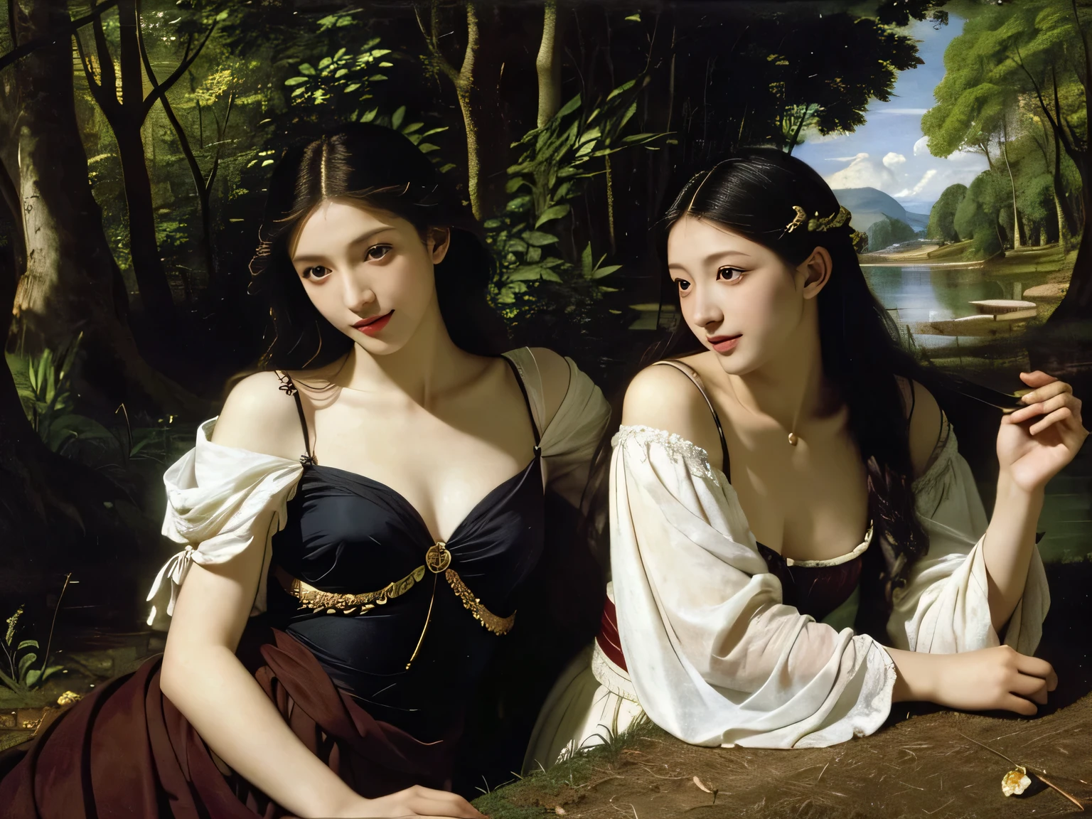 Giorgione painting style,Barbizon forest A beautiful woman in Greek dress smiles on the shore,Sweet and seductive appearance.、Caravaggio's paintings、Chiaroscuro of Caravaggio、hair tousled by the wind,Two women frolicking,cute smile, expression of ecstasy,Sexy,erotic, full body portrait