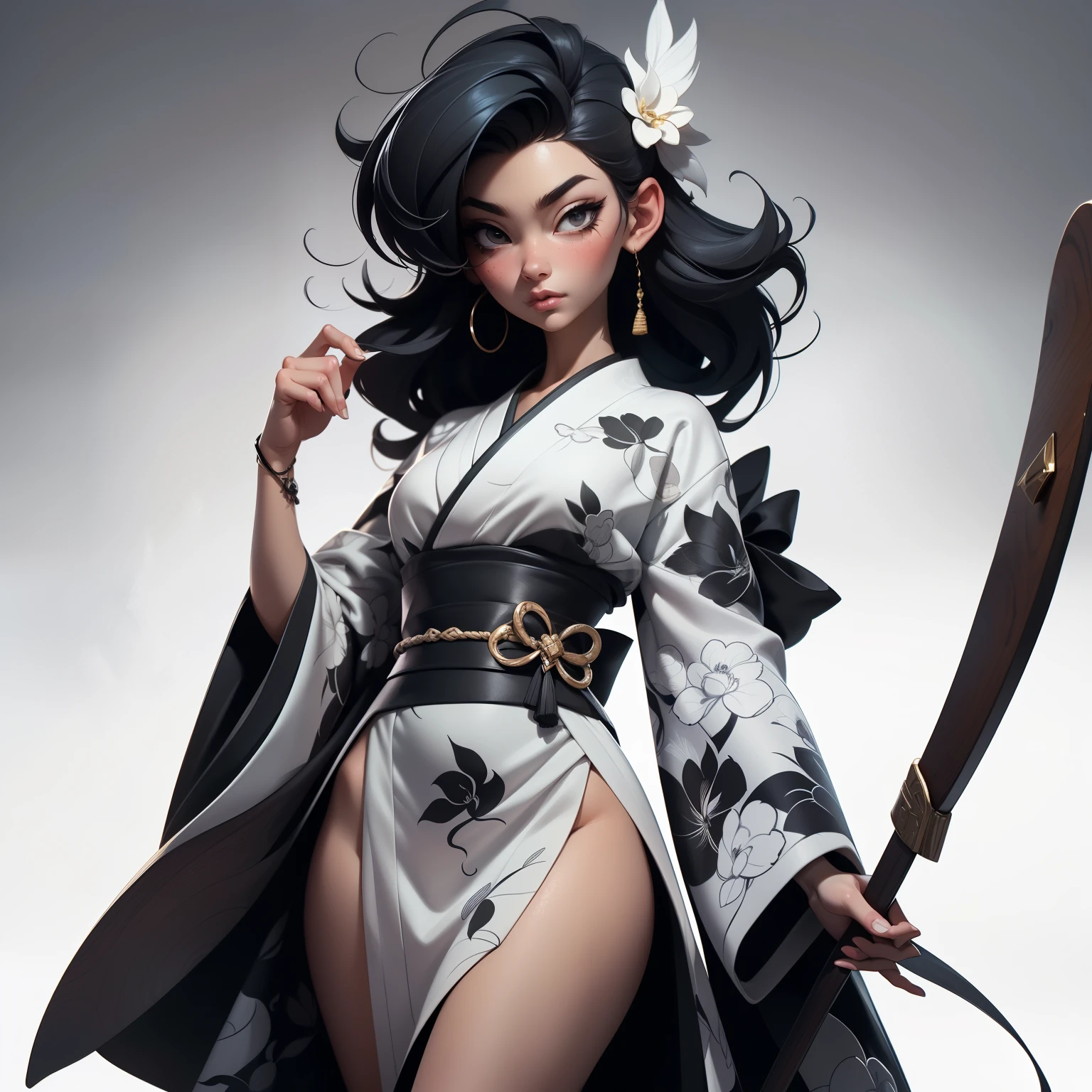 Wait warrior sexy, pretty face, Delicious Company, Alluring figure, Wearing a sexy open kimono. The artwork is created in a medium reminiscent of Japanese ink paintings....., Features bold brushstrokes and a Monochromatic color palette. Artist'Masterful technique reveals the intensity and power of the image'sense of presence,with the highest quality, Perfectly capture every detail with ultra-high resolution. Textures and intricate patterns on kimonos are rendered with extreme precision. Lighting is carefully designed,Enhance drama, Features deep shadows and subtle highlights. general, The artwork exudes elegance and power, Combining traditional Japanese aesthetics with a modern feel. Monochromatic color palette, Combine details, Create captivating and immersive experiences for your audience.
