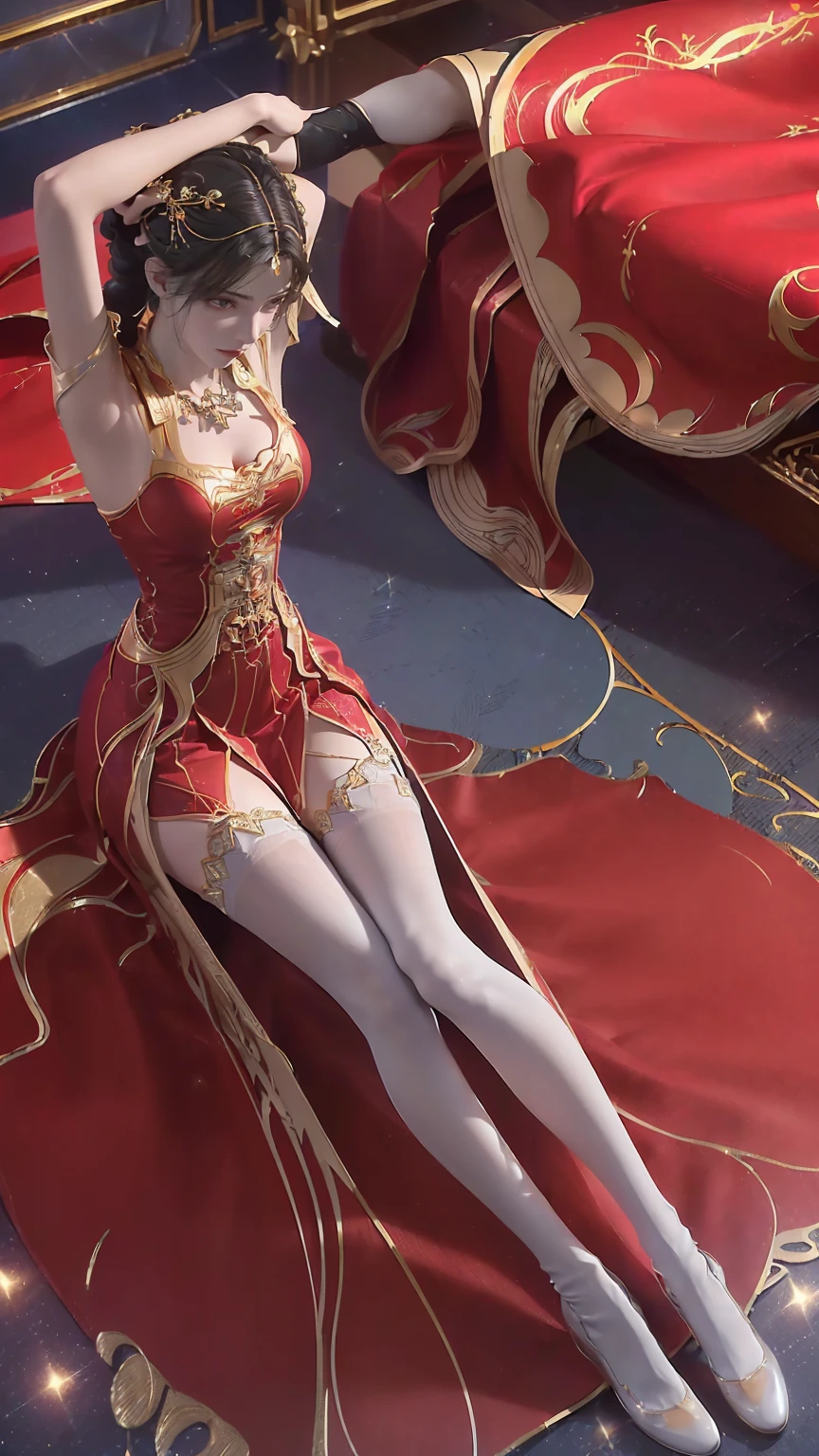 (((1 girl)),Ray tracing,(Dim Lights),[Detailed background (bedroom)),((Slim Girl))) Starry sky background，((((Girls wear dresses, With transparent stockings), Show off your exquisite figure and graceful curves, correct limbs, Sitting on the bed，Put your hands behind your head, Put your hands behind your head
