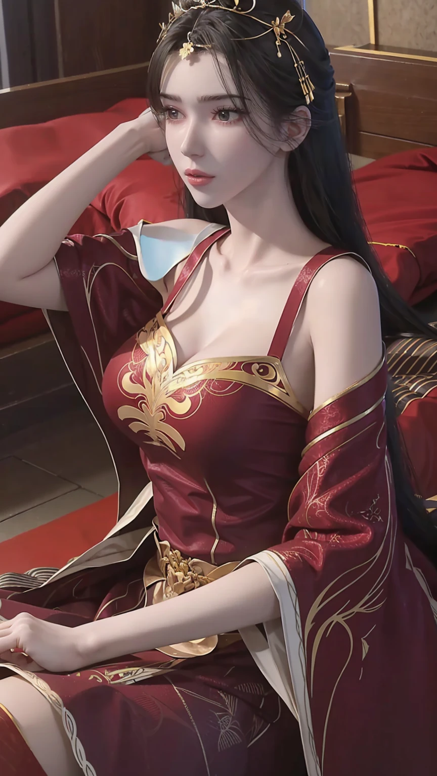 一个女孩Lying in bed,Dressed in suspender pajamas,Face up,Raise your legs slightly,Front view super detailed beautiful big breasted girl . Ultra HD, 4K, 8K, Movie,whole body,Lying down,Long legs,Very big breasts,whole body捕捉,(((Lying in bed))),(((whole bodyLying in bed))),big bed,Off-shoulder,Shoulder-length skirt,Lying in bed,Sleeping on the pillow,Lying down,Headrest pillows,(((平Lying in bed))),whole body平Lying in bed