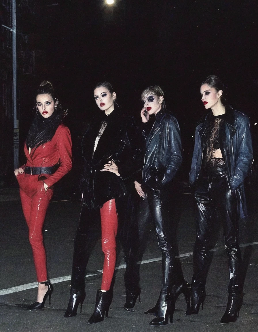 zombe fashion models posin in new york street at night, night city background