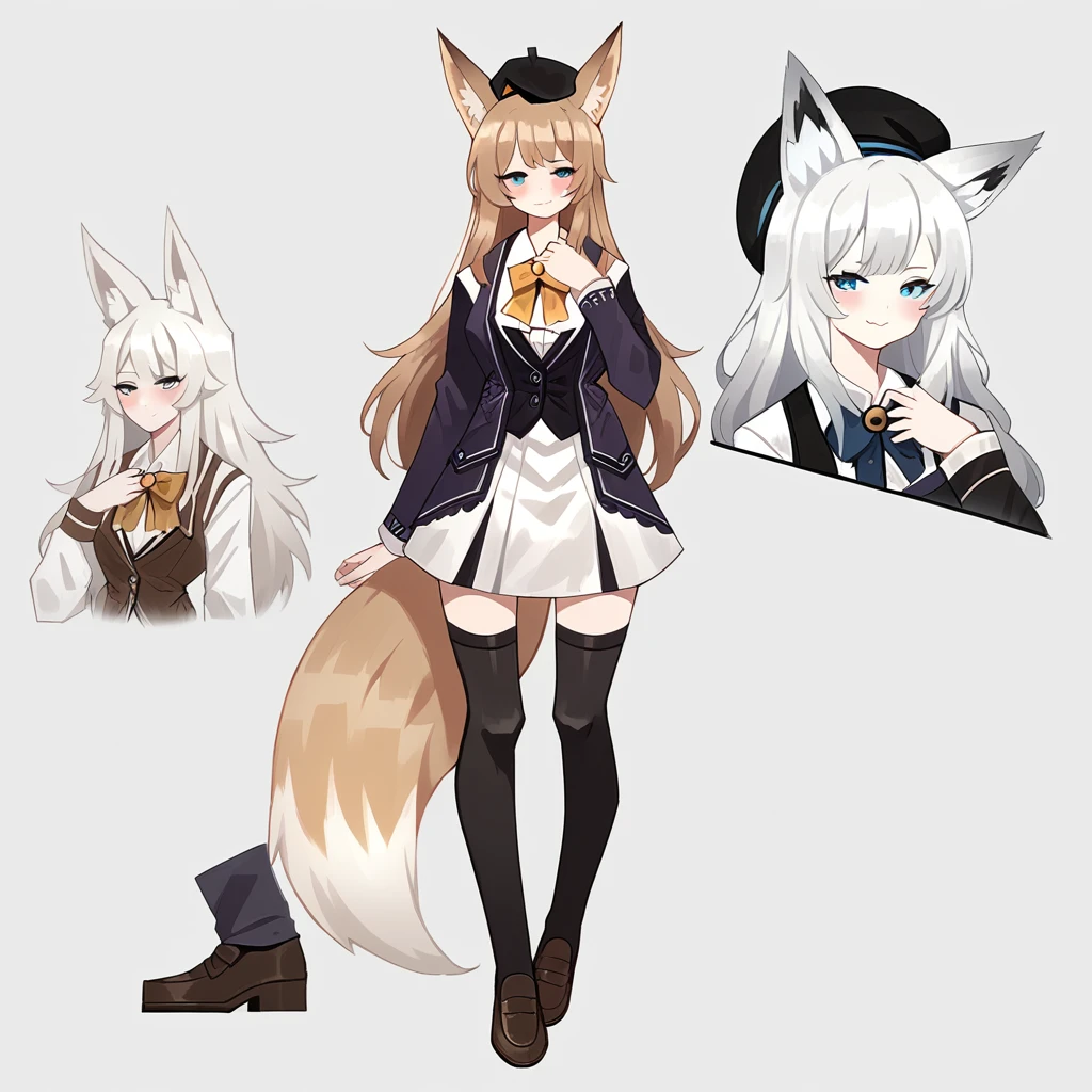 1girl, animal ears, solo, thighhighs, tail, virtual youtuber, full body, hat, blue eyes, skirt, smile, white background, looking at viewer, simple background, black thighhighs, shoes, long sleeves, brown footwear, white hair, fox ears, zettai ryouiki, breasts, black headwear, long hair, fox tail, loafers, standing, white skirt, animal ear fluff, bangs, fox girl, beret, shirt, closed mouth, blush, hand on own chest, vest, white shirt