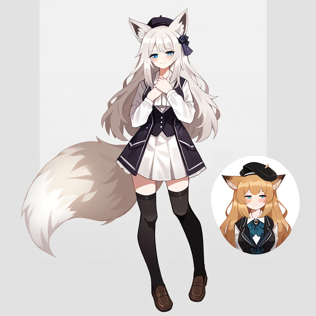 1girl, animal ears, solo, thighhighs, tail, virtual youtuber, full body, hat, blue eyes, skirt, smile, white background, looking at viewer, simple background, black thighhighs, shoes, long sleeves, brown footwear, white hair, fox ears, zettai ryouiki, breasts, black headwear, long hair, fox tail, loafers, standing, white skirt, animal ear fluff, bangs, fox girl, beret, shirt, closed mouth, blush, hand on own chest, vest, white shirt