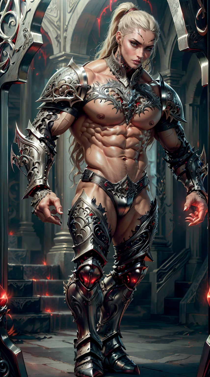 (megan fox:1.25), (muscular:1.5), (full body view & armor:1.25), (masterpiece:1.1), (best quality:1.1), (ornate:1.1), (red and black coloring:1.26), BREAK, (horror:1.0), (esoteric:1.1), (solo:1.4), (dynamic angle:1.0), (cowboy shot:1.0), (woman:1.1),(very muscular bodybuilder girl:1.25), (huge upper body:1.25), (narrow hips:1.0), long hair, (gothic intricate vampiric armor:1.25), (gauntlets:1.0), (shoulder armor:1.1), ((tarot style frame:1.25)), (glowing red eyes:1.25), (huge muscular arms:1.5,), (10-pack abs:1.4), (lots of veins:1.25), thin legs, Realistic, Very detailed face and eyes, masterpiece, (beautiful girl face:1.25)